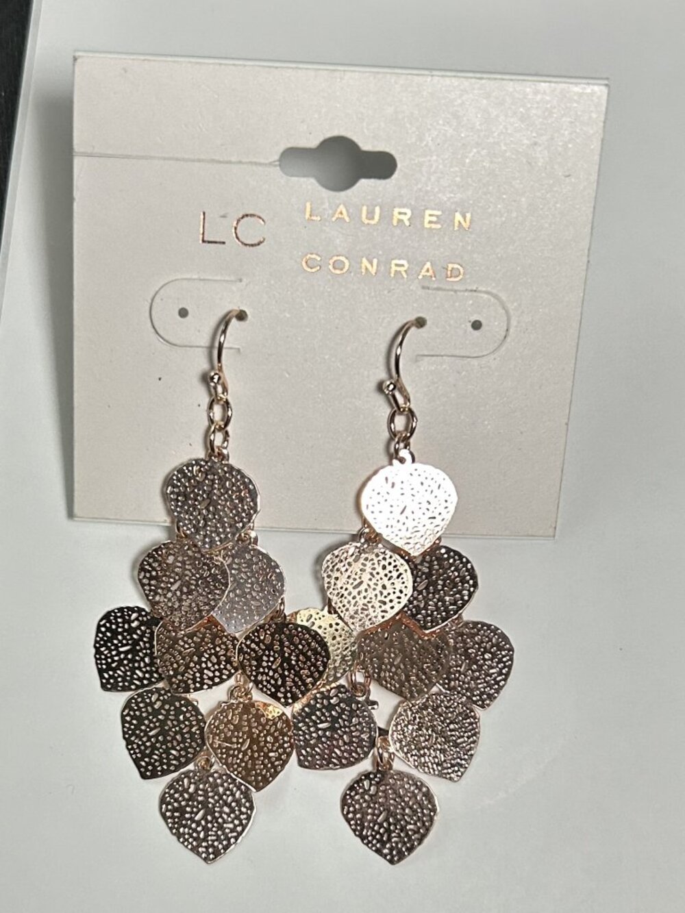 LC Lauren Conrad Rose Gold Textured Leaf Chandelier Drop Earrings NWT